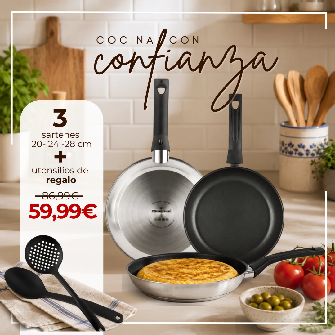 Pack 3 sartenes Magefesa Dinox 20-24-28 cm con utensilios de regalo por 59,99€, con tortilla española en cocina rústica