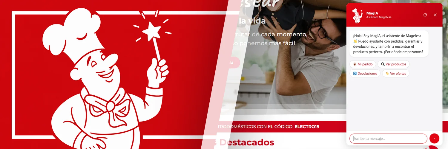 Asistente virtual MagIA® de Magefesa en un dispositivo móvil junto a productos de cocina