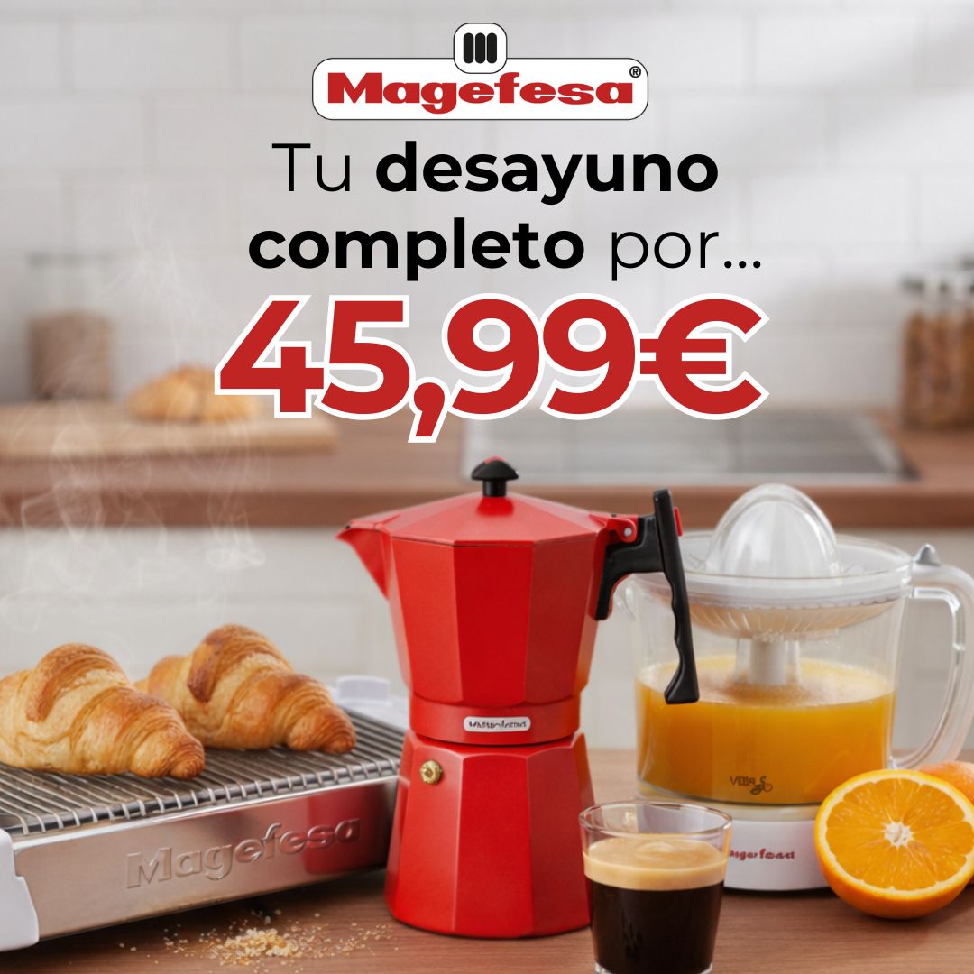 Pack desayuno completo Magefesa por 45,99€: cafetera moka roja, tostadora y exprimidor con croissants y zumo de naranja