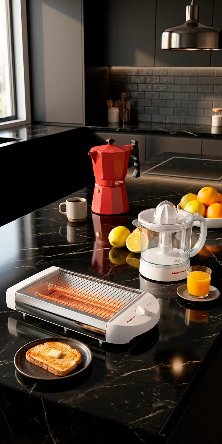 Cafetera moka Jamaica Red, tostadora Sunup y exprimidor Vitam10 Magefesa sobre encimera de mármol negro con tostada y zumo de naranja