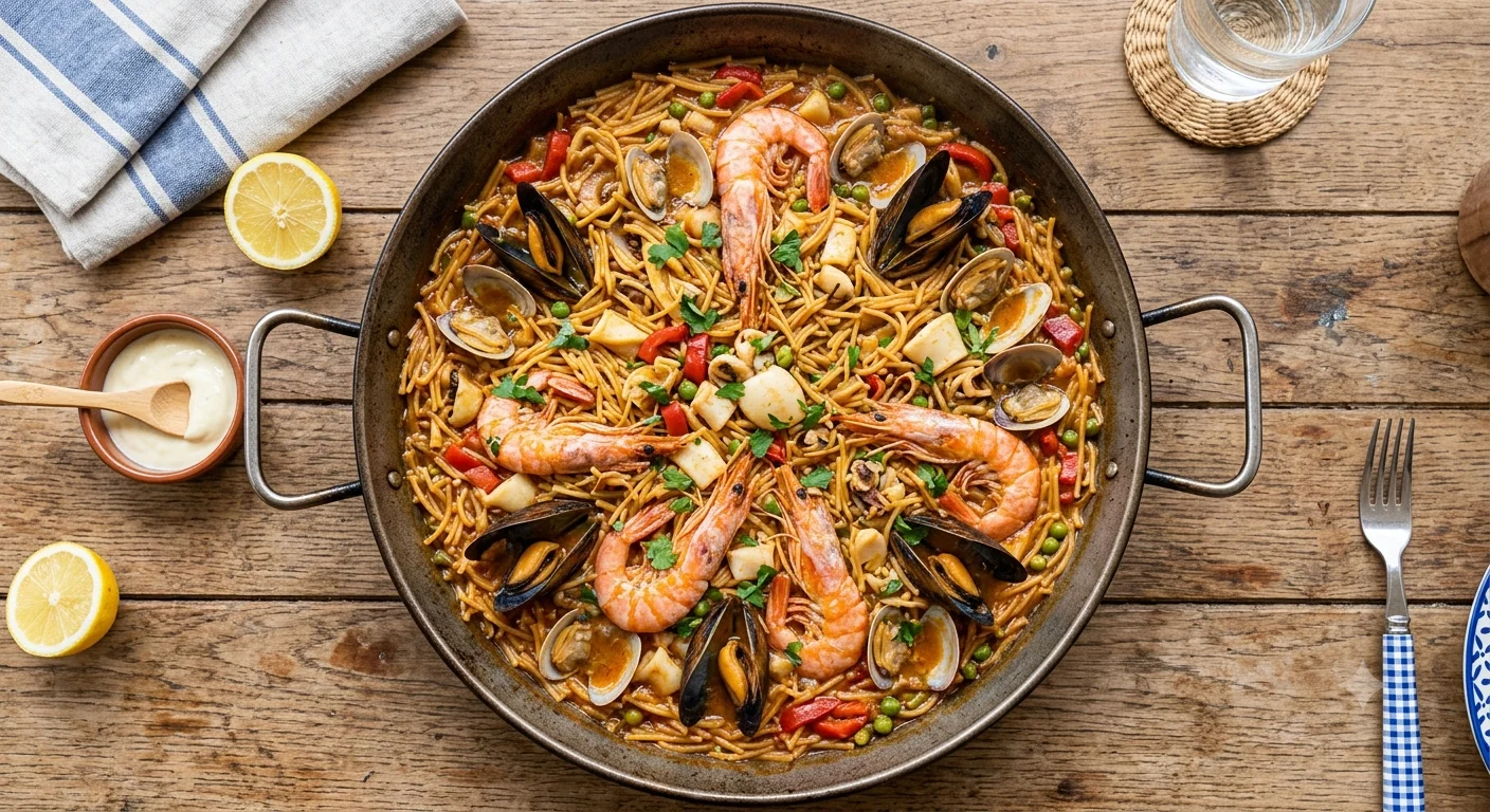 Fideuá con fideo corto dorado para compartir en grupo, receta alternativa para el 4 de julio