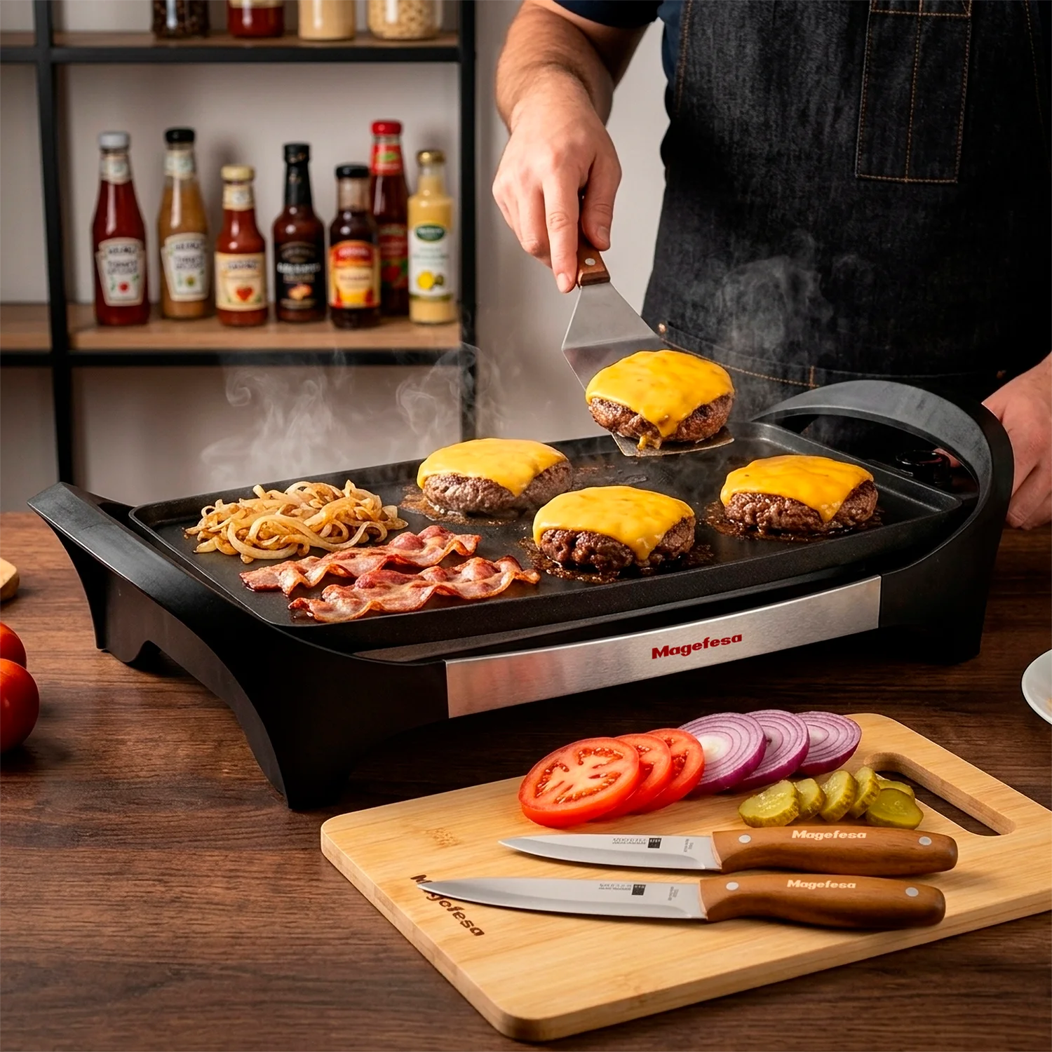 Plancha Magefesa Bi-Natura cocinando hamburguesas con queso y bacon, con cuchillos y tabla Magwood con verduras al fondo