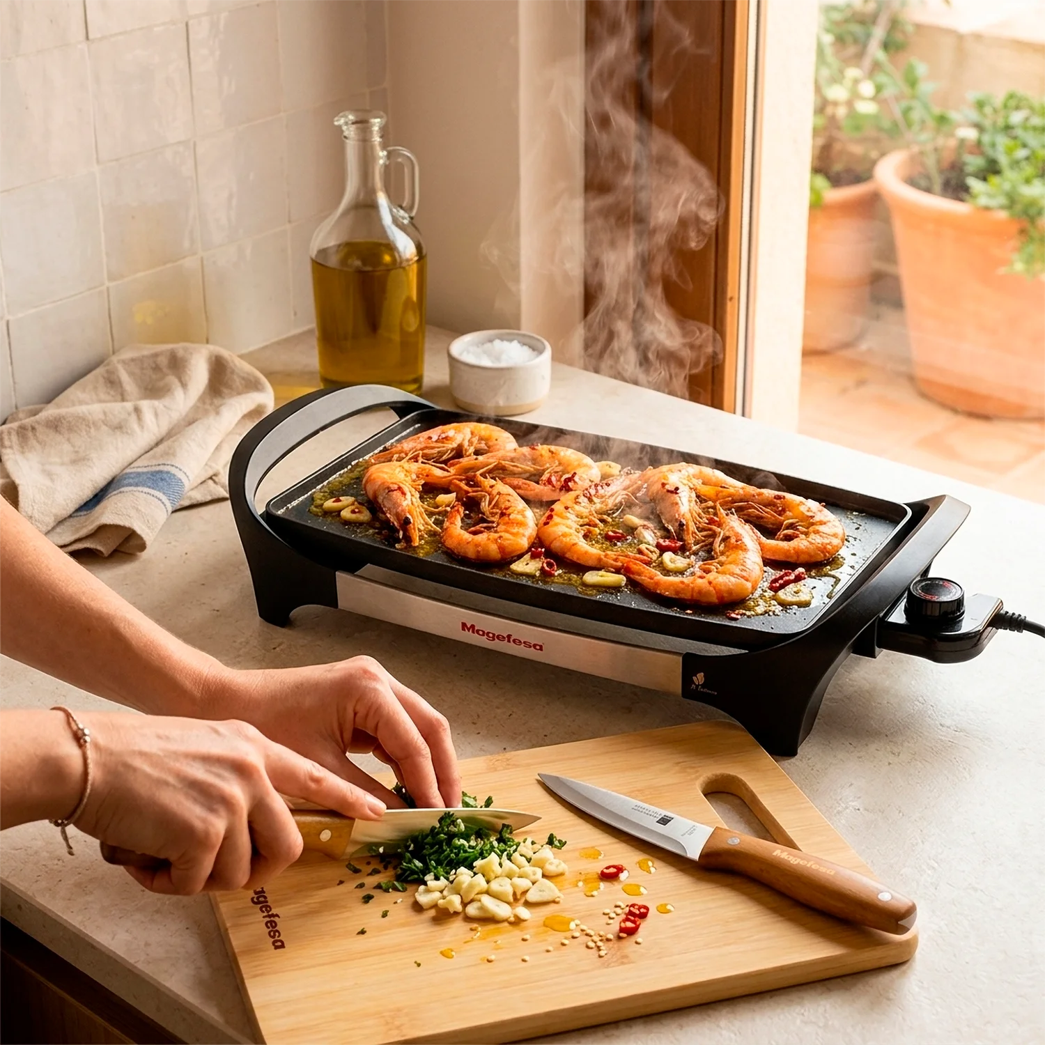 Plancha Magefesa Bi-Natura con gambas al ajillo y cuchillo sobre tabla Magwood picando ajo y perejil en cocina mediterránea