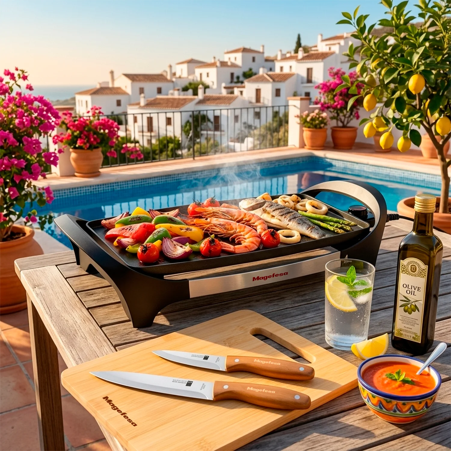 Plancha Magefesa Bi-Natura con marisco y verduras, cuchillos Magwood y tabla Magwood en terraza andaluza con piscina y gazpacho