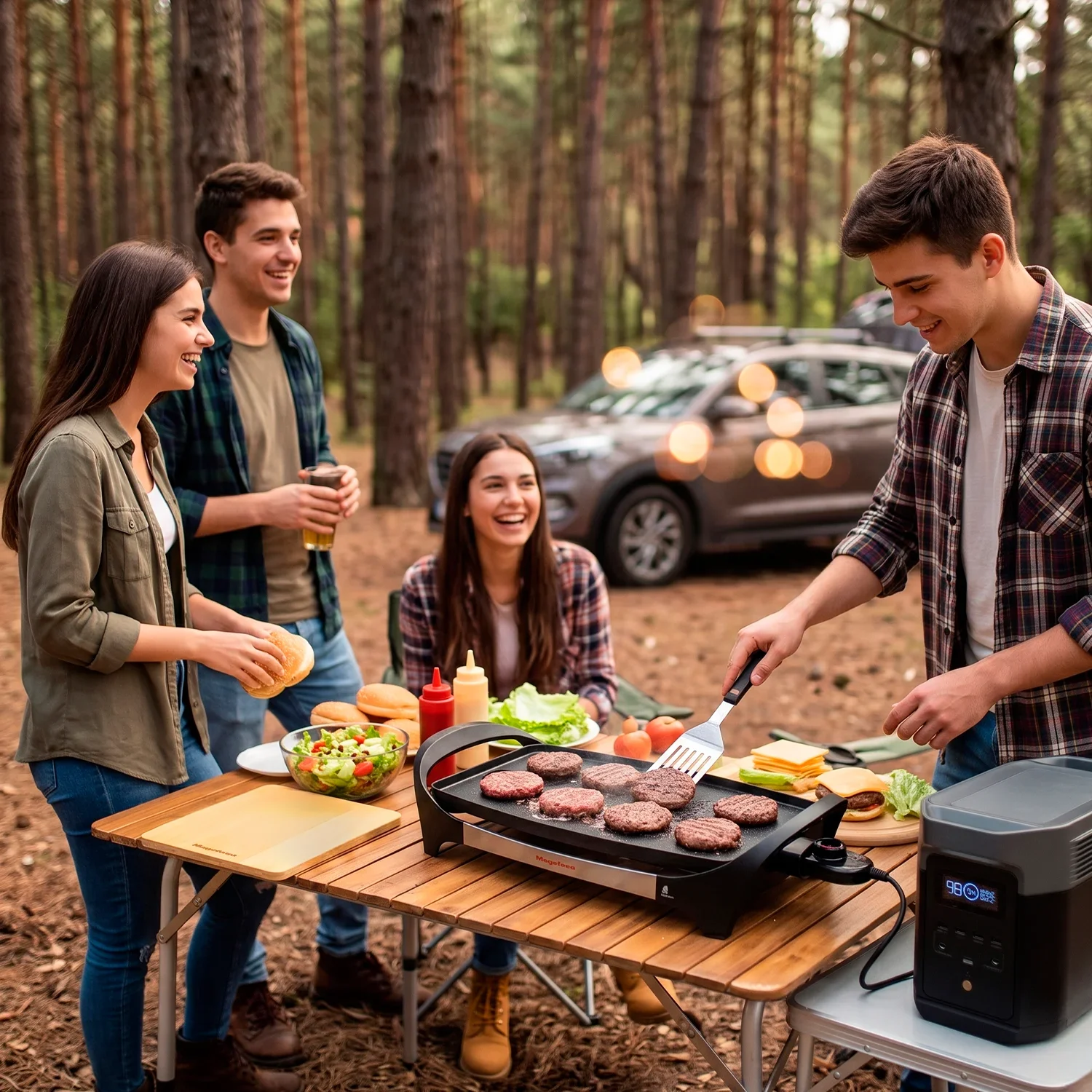 Grupo de amigos cocinando hamburguesas en plancha Magefesa Bi-Natura con tabla Magwood en barbacoa de camping en el bosque