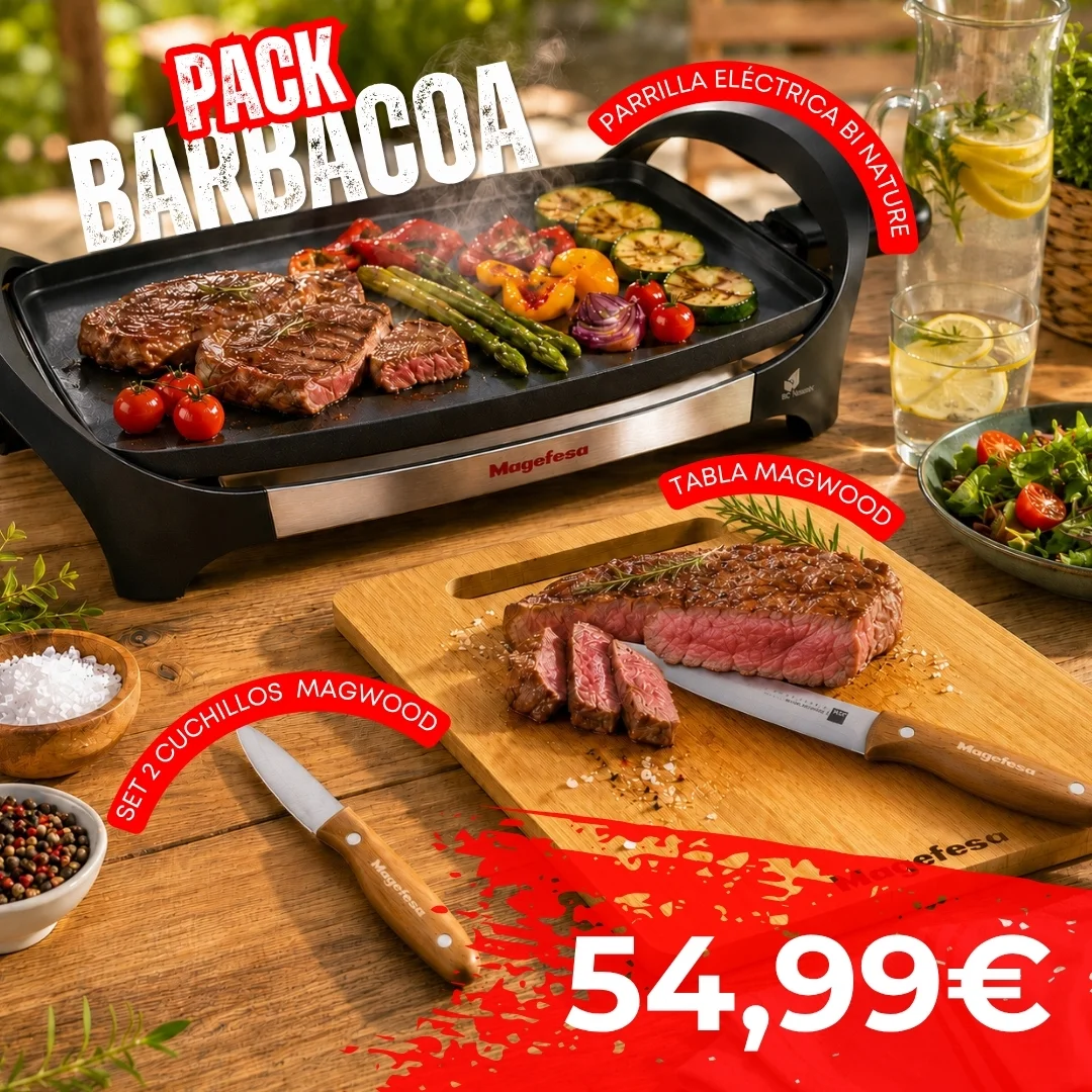 ANUNCIO MAGEFESA PACK BBQ PLANCHA BI-NATURE CUCHILLOS MAG WOOD TABLA MAGWOOD