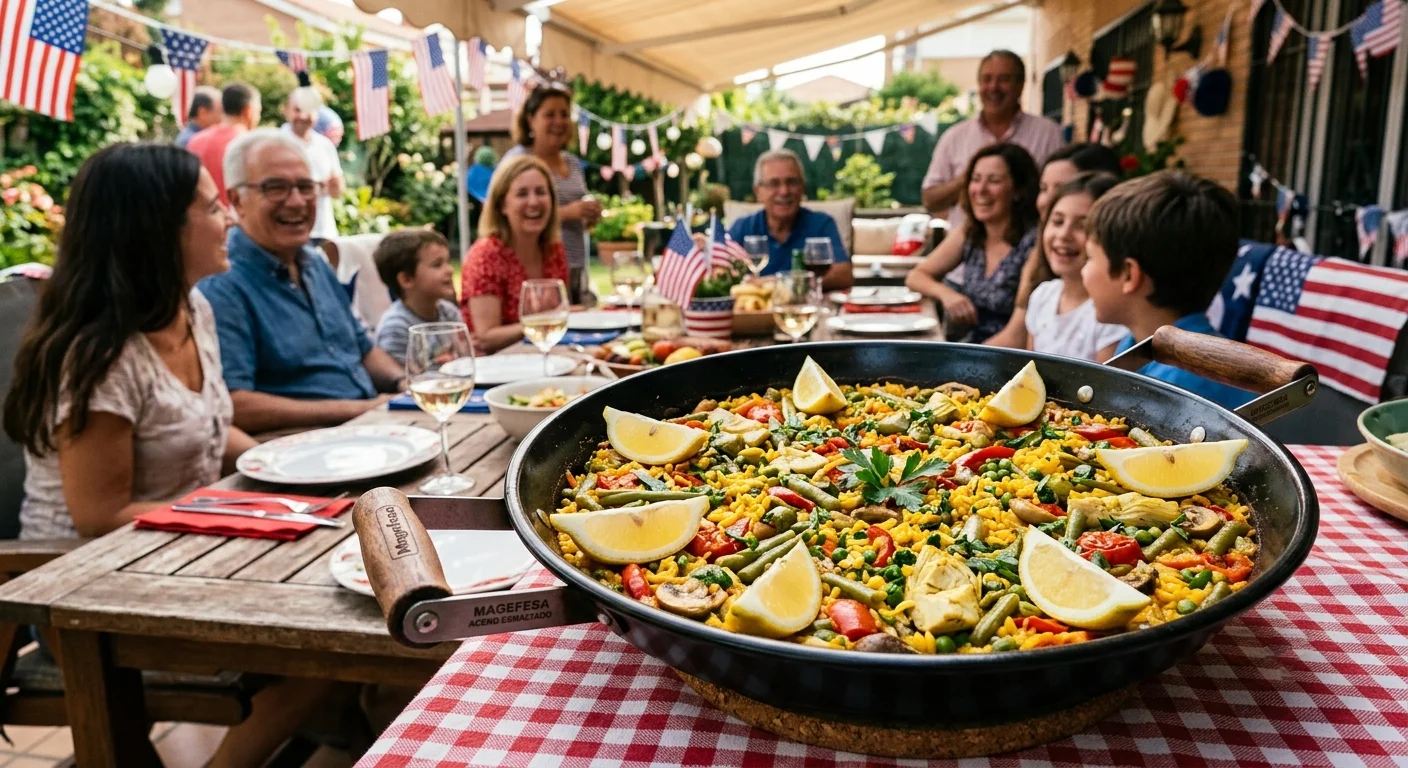Paellera de acero esmaltado Magefesa con arroz y verduras lista para servir en reunión familiar del 4 de julio