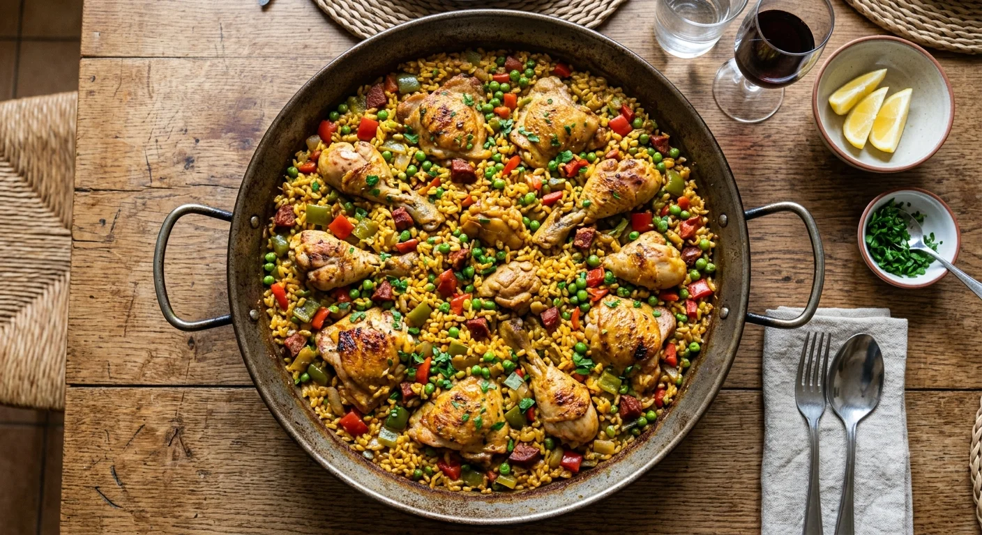 Arroz con pollo y verduras cocinado en paellera Magefesa, receta fácil para el 4 de julio