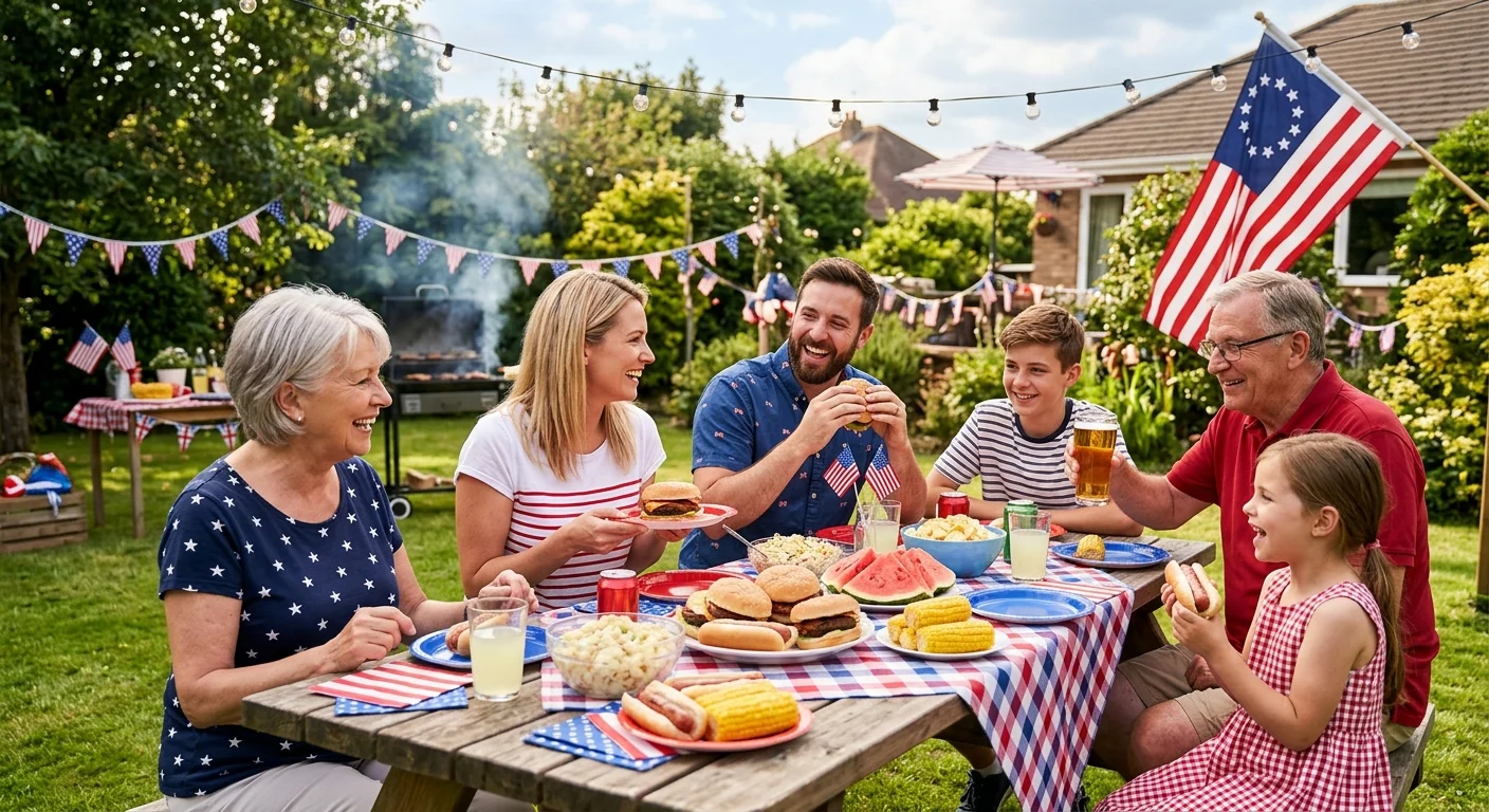 Familia feliz reunida en torno a una mesa en el jardín celebrando el 4 de julio con paella y barbacoa