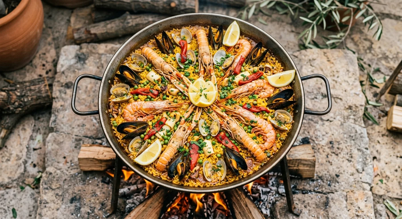Paella de marisco con gambas, mejillones y calamares en paellera, receta festiva para el 4 de julio