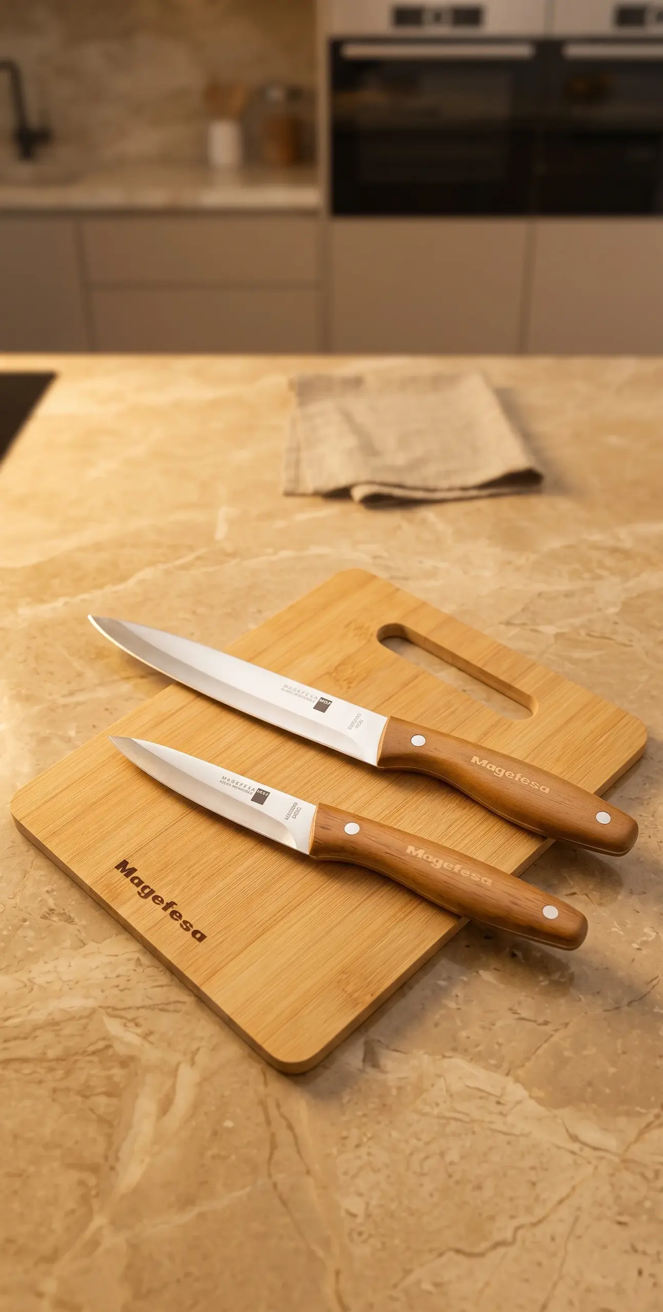 Pack Cuchillos y Tabla MAG WOOD Magefesa Trinchador Pelador Tabla Bambú