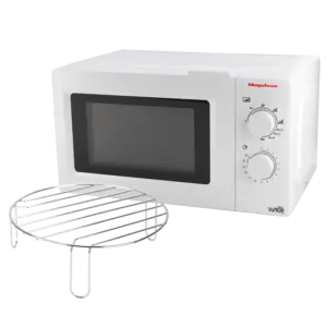 Microondas grill Magefesa Wave Grill blanco con rejilla metálica redonda incluida sobre fondo blanco